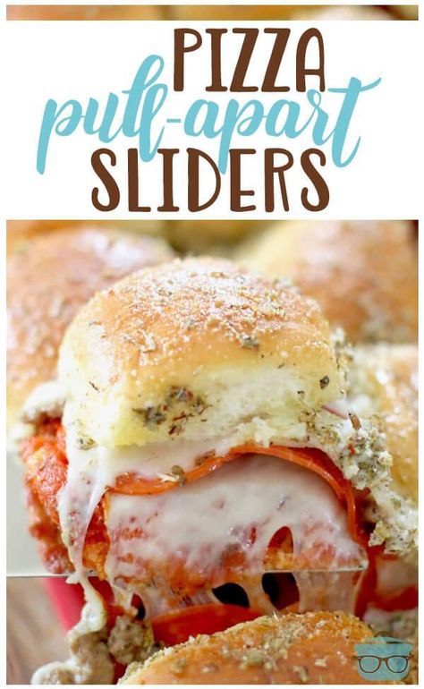 Remix pizza night by serving pizza sliders instead! Pizza Pull Apart Sliders are stuffed with cheese, pepperoni, sausage. Top with a savory buttery spread! #PizzaSliders #easy Vegetarian Hawaiian Roll Sliders, Slider Ideas, Pizza Pull Apart, Pull Apart Sliders, Pizza Sliders, Pizza Slider, Hawaiian Roll, Slider Sandwiches, Pot Luck