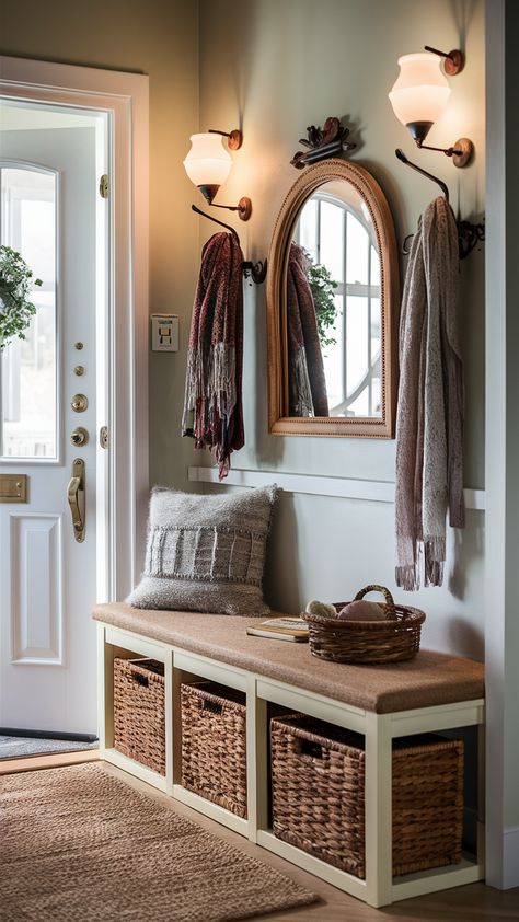 Elevate your entryway with this chic IKEA-style hallway bench! Strategically placed by the door, it combines functionality and style, offering a perfect spot to sit and remove shoes. Underneath, woven baskets provide organized storage for bags and shoes, while a decorative mirror above adds a touch of elegance. A coat rack adorned with colorful scarves brings personality and warmth. Soft ambient lighting welcomes guests into your home, creating an inviting atmosphere. Discover how to transform your entryway into a stylish and organized space! Click to explore more ideas! #EntrywayDecor #IKEAStyle #HomeOrganization #InteriorDesign #HallwayBench #CozyHome #StorageSolutions Traditional Style Entryway, Entryway Coat Storage Ideas, Hallway Bench And Coat Rack, Entryway Shoe Rack Ideas, Entry Way With Mirror And Bench, Shoe Bench Entryway Decor, Gossip Bench Entryway, Mirror Above Bench Entryway, Mirror With Hooks Entryway