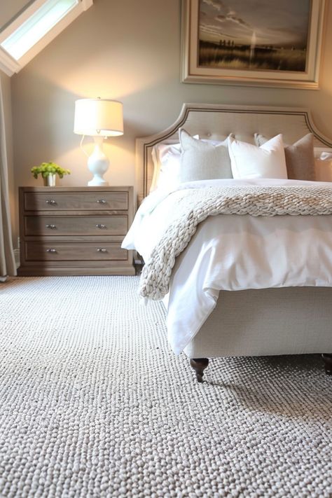 Cozy bedroom with a neatly made bed, soft carpet, wooden nightstand, lamp, and framed artwork above the headboard. Farmhouse Carpet Ideas Bedroom, Sisal Carpet Bedroom, 2024 Carpet Trends For Home, Carpet Trends 2024, Farmhouse Carpet Ideas, Carpeted Bedroom Ideas, Cozy Bedroom Carpet, Best Carpet For Bedrooms, Bedroom Carpeting