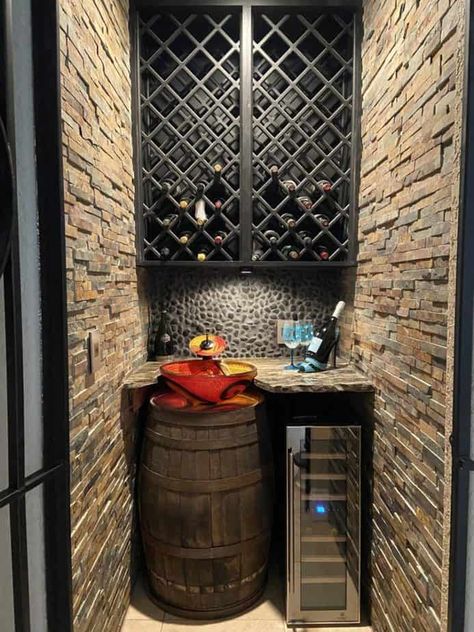 Diy Wine Cellar Wall, Turn Closet Into Wine Cellar, Closet To Wine Cellar, Rustic Wine Cellar Ideas, Diy Wine Cellar Closet, Wine Closet Ideas Small Spaces, Wine Making Room, Small Wine Cellar Ideas, Small Wine Room