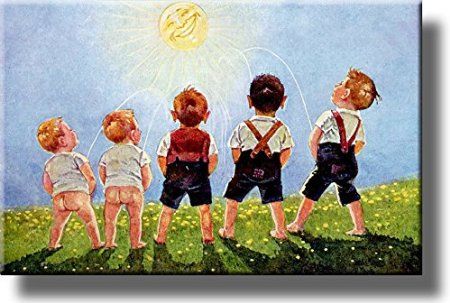 Boys Urinating into the Sun, Toilet Bathroom Picture on Stretched Canvas, Wall Art Décor, Ready to Hang! Bathroom Picture Wall, Lake Bathroom, Bathroom Decor Pictures, Bathroom Picture, Chamber Pot, Potty Seat, Picture Wall Art, Toilet Bathroom, Funny Bathroom Signs