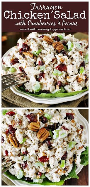 Classic Tarragon Chicken Salad ~ Loaded with big flavor from dried tarragon, dried cranberries, & chopped pecans. Perfect served over greens or in {the best} chicken salad sandwiches. www.thekitchenismyplayground.com Chicken Salad Tarragon, Lazarus Chicken Salad Recipe, Chicken Salad Recipe Craisins, Copycat Publix Tarragon Chicken Salad, Chicken Salad Luncheon Ideas, Winter Chicken Salad Recipes, Chicken Salad With Dried Cranberries, Cashew Chicken Salad Recipe, Chicken Salad With Craisins Recipes