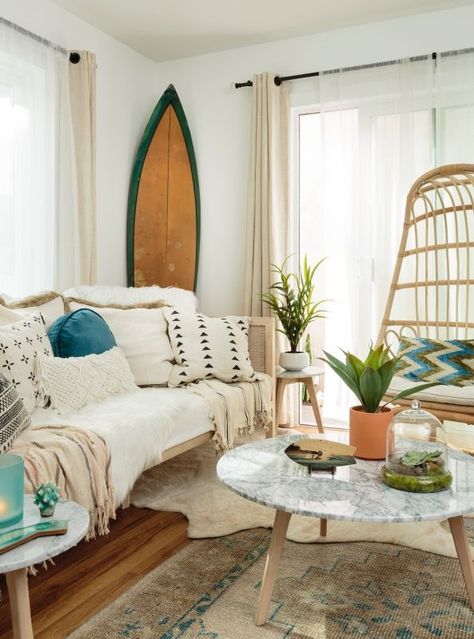 Surfer Living Room, Beachy Boho Living Room, Beach Apartment Decor, Surfer Decor, Beachy Living Room, Beach Decor Living Room, Surf Room, Beach Living Room, Beach House Living Room