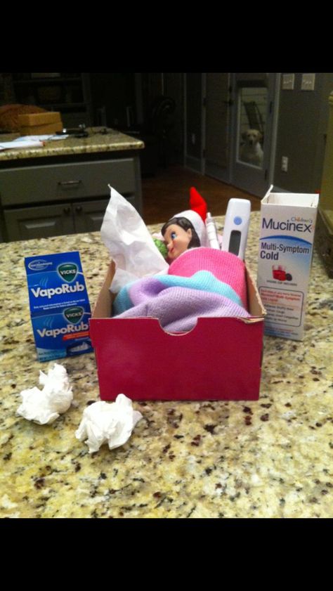 Elf on the shelf -- sick because my little one touched her. Elf On The Shelves Ideas, Sick Elf, Elf On The Shelves, Elf Ideas Easy, Bad Elf, Elf Shelf, Elf Magic, Awesome Elf On The Shelf Ideas, Elf Activities