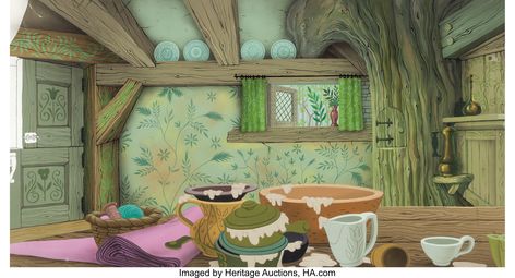 Sleeping Beauty Cottage Interior Pan Preliminary Background (Walt Disney, 1959). Sleeping Beauty Cottage Interior, Sleeping Beauty Home Decor, Cinderella Interior Design, Fairytalecore Aesthetic, Sleeping Beauty House, Anki Backgrounds, Sleeping Beauty Background, Sleeping Beauty Room, Disney Cottage