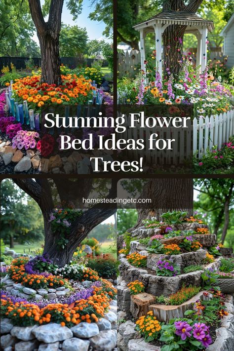 Want to add a pop of color and charm around your tree? Read more to discover flower bed ideas that blend timeless beauty with modern flair. Don’t forget to save it for later inspiration! Flower Bed Around Trees, Backyard Tree Decor, Garden Bed Around Tree, Landscaping Around Trees, Backyard Trees, Flower Bed Designs, Flower Bed Ideas, Bed Ideas, Garden Bed