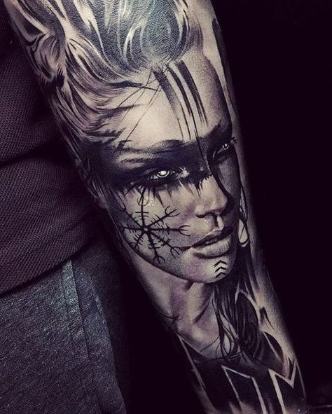 Viking Warrior Tattoos, Valkyrie Tattoo, Viking Tattoo Sleeve, Hyper Realistic Tattoo, Vikings Tattoo, Throat Tattoo, Cool Arm Tattoos, Shoulder Arm Tattoos, Warrior Tattoos