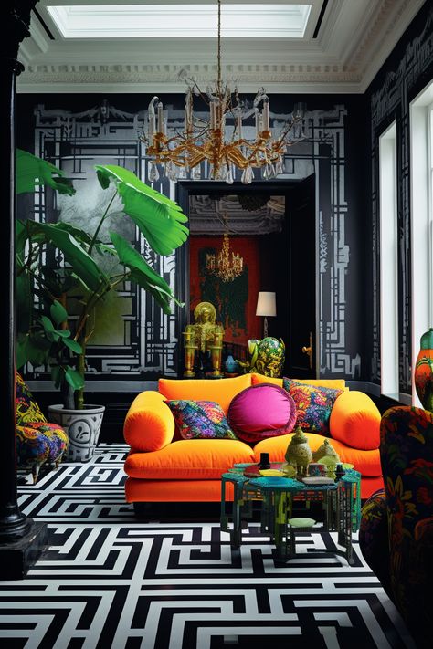 Maximalist Black And White, Eclectic Black And White Decor, Black And White Interior With Color Pop, Black And White Maximalist Living Room, Black And White Apartment With Pops Of Color, Black Decor With Pop Of Color, Moody Room White Walls, Black Maximalist Living Room, Black And White Maximalist Decor