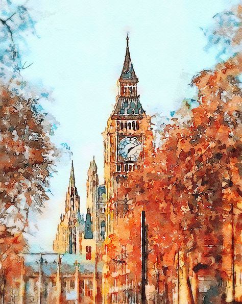 Art Drawings Landscape, Autumn London, Beginners Watercolor, Drawing Autumn, London Drawing, Painting On Canvas For Beginners, Kunstjournal Inspiration, London Painting, Watercolor Art Landscape