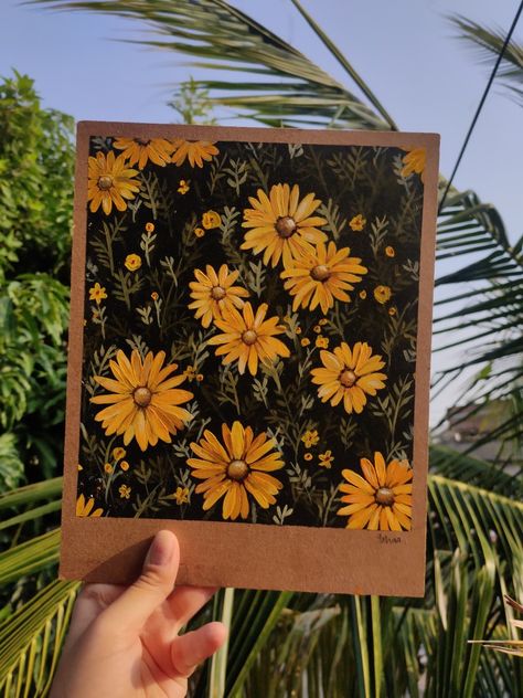 Small Yellow Flowers Painting, Flower Gauche Painting, Yellow Flowers Acrylic Painting, Gauche Painting Flower, Gouche Painting Flowers, Gouche Flower Painting, Floral Gouache Painting, Acrylic Painting Journal, Mini Floral Paintings