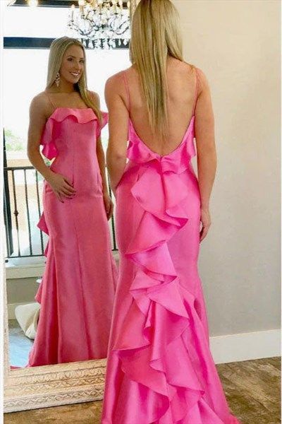 Hot Pink A-Line Strapless Ruched Bodice Long Tulle Evening Dresses Prom Dress With Ruffles, Dream Prom Dress, Ruffle Prom Dress, Quince Dress, Pink Mermaid, Pink Prom Dress, Dress With Ruffles, Prom Dress Inspiration, Pink Prom