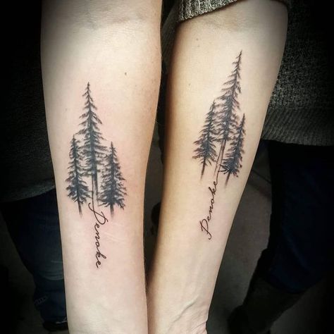 Trees and the family camps name "Penoke" #treetattoos #pinetrees #trees #outdoortattoos #camptattoos #outdoorlife #patattooers… Moutain Tattoos, Tree Silhouette Tattoo, Cool Nature Tattoos, Pine Tattoo, Tree Tattoo Forearm, Camping Tattoo, Silhouette Tattoo, Coordinates Tattoo, Mother Nature Tattoos