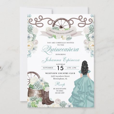 Cacti Floral Mint Green Western Charra Quinceanera Invitation Boots Quinceanera, Invitations Quinceanera, Quinceanera Invitation, Color Celeste, Fiesta Birthday, Quinceanera Invitations, 15th Birthday, Western Cowboy Boots, Editable Invitations