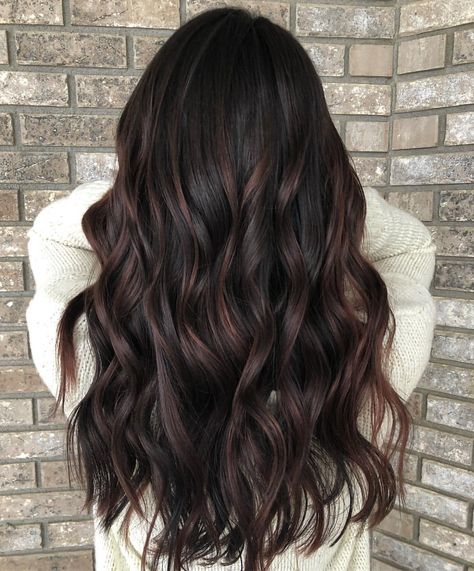 Red Balayage On Dark Brown Hair, Balayage For Brunettes Dark Brown, Brunette Balayage With Red Undertones, Black Hair Chocolate Balayage, Black To Dark Brown Balayage, Brunette Brown Balayage Hair, Black Hair Mahogany Balayage, Expresso Brunette Balayage, Dark Brown Red Balayage