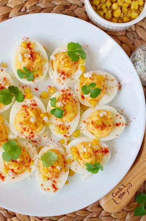 Mexican Street Corn Deviled Eggs Recipe - Cook.me Recipes Crazy Corn Recipe, Mexican Deviled Eggs Recipe, Mexican Deviled Eggs, Best Deviled Egg Recipe Ever, Mexican Sweet Corn, Sweet Corn Recipes, Isabel Eats, Devilled Eggs Recipe Best, Restaurant Appetizers