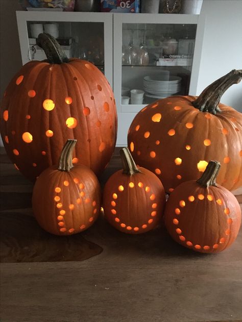 Polka dot pumpkin made with drill bits! So easy and so pretty! #pumpkin #halloween #pumpkincarving #diy Dotted Pumpkin Carving, Drill Bit Pumpkin Carving, Pumpkin Carving With Drill, Pumpkin Drilling, Spider Pumpkin, Polka Dot Pumpkin, 90s Fashion Outfits Hip Hop Party, Easy Pumpkin Carving, Clay Pot People