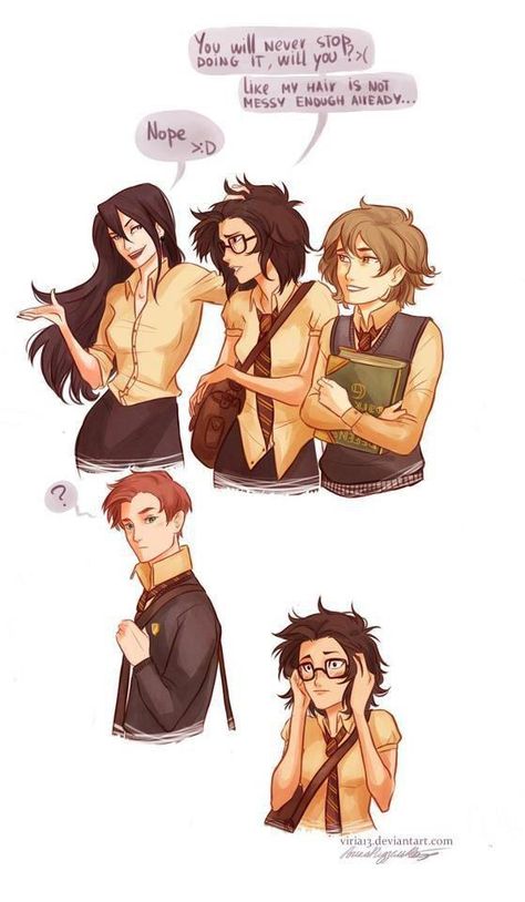 Harry Potter genderbend- the marauders & "James and Lily" Peeves Harry Potter, Scorpius And Rose, Gender Bend, Theme Harry Potter, Harry Potter Comics, Potter Art, Viria, Remus Lupin, Harry Potter Marauders