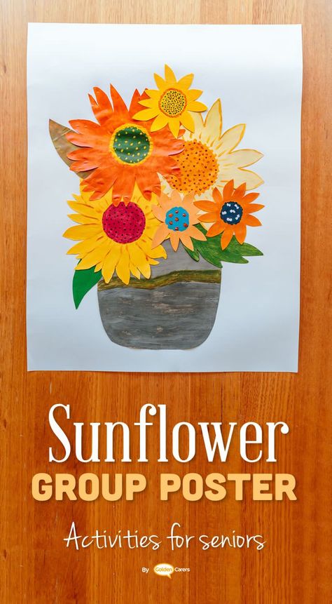 Here is another lovely and engaging creative group activity for seniors in nursing homes and assisted living facilities. Create a beautiful sunflowers poster in a group craft session! Senior Crafts Assisted Living, Ltc Activities, Crafts For Elderly Assisted Living, Crafts For Seniors Assisted Living, Activity For Seniors, Elderly Crafts, Nursing Home Crafts, Assisted Living Activities, June Activities