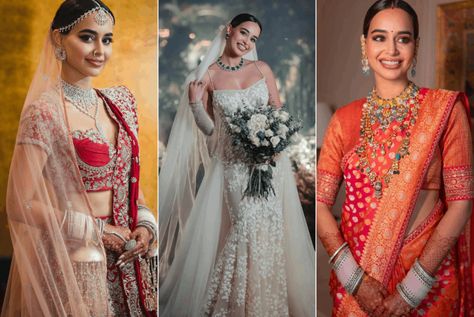 Arushi Mehra Wedding, Arushi Mehra, Bride Images, Contrast Outfit, Bridal Sharara, Bodycon Gown, Make A Tie, Saree Draping Styles, Reception Look