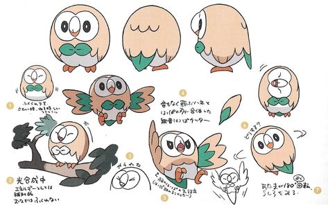 Pokemon Sun, Moon, Ultra Sun and Ultra Moon concept art of Rowlet with a 3 point turn at the top, along with additional poses Pokemon Concept Art Pokemon Design, Pokémon Concept Art, Pokemon Concept Art, Rowlett Pokemon, Gen 7 Pokemon, Pokémon Design, Pokemon Concept, Concept Art Books, Pokemon Official