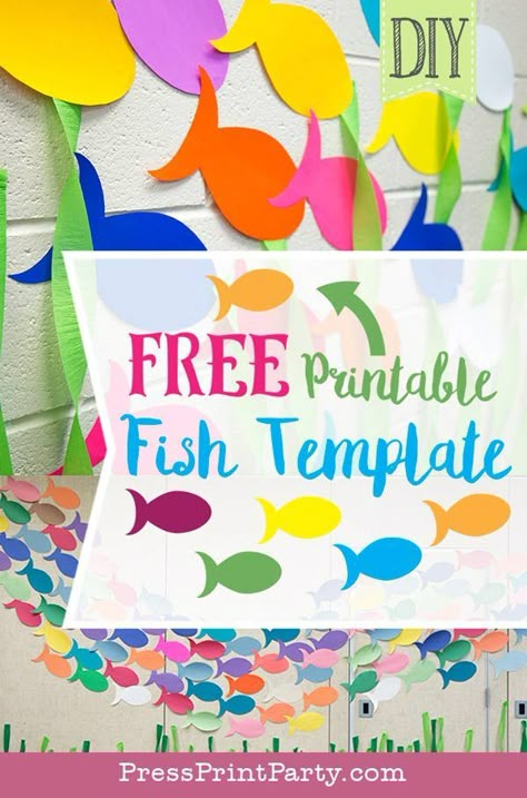 FREE PRINTABLE fish template. Great DIY decoration idea for an under the sea birthday party, mermaid party or classroom decor. Make a fantastic backdrop for photography photo booth. by Press Print Party! #freeprintable #underthesea #mermaid #template Mermaid Template, Printable Fish, Fish Printables, Ocean Classroom, Under The Sea Decorations, Ocean Theme Classroom, Under The Sea Birthday Party, Paper Fish, Fish Template