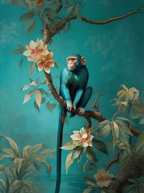 Jungle Animals Painting, Monkey Art Illustration, Monkey Painting, Colonial Artwork, Monkey Art Design, Jungle Oil Painting, Jungle Bird Illustration, Monkey Jungle Illustration, Monkey Illustration