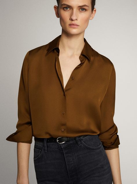 Brown Silk Blouse Outfit, Brown Satin Shirt Outfit, Brown Silk Shirt Outfit, Brown Blouse Outfit, Brown Silk Blouse, Silk Shirt Outfit, Massimo Dutti Women, Brown Blouse, Silk Shirt Dress