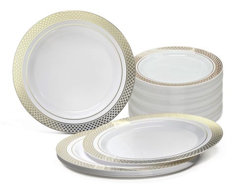 PRICES MAY VARY. Includes : 120 Pieces 10.5'' Dinner Plates Design / Color : Celebration in white and gold Premium Disposable Plastic Dinner plates. Larger and heavier than the competition. Perfect for Weddings and special events!. Made out of high gloss premium heavyweight disposable plastic. Looks like real china. Ideal for holidays, large gatherings, weddings and special events, where you want an elegant and fancy look with the convenience of disposable. Single Use - Recyclable and BPA Free - Plates Design, Wedding Cake Plates, White Table Settings, Plastic Plates, Charger Plates, Plate Design, White Table, Cake Plates, Dinner Plate