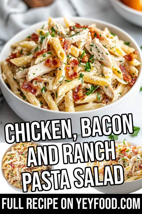 Chicken Bacon Ranch Pasta Salad - Yeyfood.com: Recipes, cooking tips, and kitchen hacks for home cooks of all levels Chicken Bacon Ranch Pasta Salad With Lettuce, Cold Ranch Pasta Salad, Pasta Salad Recipes With Chicken, Ranch Pasta Salad Recipes, Chicken Salad Pasta, Chicken Bacon Ranch Salad, Pasta Salad With Chicken, Chicken Bacon Ranch Pasta Salad, Protein Pasta Salad