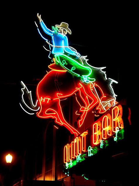 Neon Cowboy, Sheridan, Wyoming by Kooimanstra, via Flickr Neon Cowboy, American Neon, Neon Graffiti, Old Neon Signs, Sheridan Wyoming, Cowboys Sign, Googie Architecture, Cowboy Aesthetic, Neon Moon