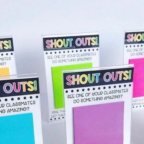 Joanne Miller on Instagram: "New shout out frames ready to start with a new group of students! This is a GUARANTEED way to build community in a classroom! I love how my students recognize each other and write notes that will encourage them to continue the behavior/act they witnessed. It’s so meaningful to be recognized by your peers! Each group has their own shout out frame to use. Students are allowed to fill out a sticky note any time of the day and then they place it on the board. Swipe Classroom Shout Out Board, Shout Out Wall Classroom, Classroom Shout Outs, Shout Out Board Classroom, Student Shout Outs, Student Shout Out Board, Shout Out Bulletin Board Ideas, Shout Out Board, Staff Bulletin Boards