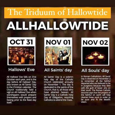 "Allhallowtide is actually a kind of triduum: three days of commemoration that includes All Hallows Eve (October 31, shortened Hallowe’en), All Saints Day (All Hallows Day, November 1, a Holy Day of Obligation), and All Souls Day (November 2). As with other major feasts, celebration of All Saints Day begins on the vigil, which is why secular culture celebrates Halloween on the night of October 31st, but then does nothing on the actual feast days that follow. Halloween is a Christian holiday... Souls Day, Christian Calendar, Catholic Beliefs, Saints Days, All Souls Day, Modern Halloween, All Hallows Eve, All Saints Day, Catholic Kids