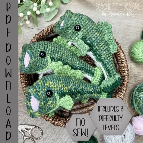 PDF Mini Largemouth Bass No-sew Amigurumi Crochet Pattern Arserendipitydesigns - Etsy Hong Kong Bass Crochet Pattern, Crochet Bass Fish, Crochet Chameleon, Amigurumi For Beginners, Crochet Fish, Confection Au Crochet, Largemouth Bass, Crochet Simple, Crochet Inspo