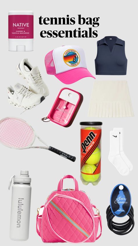 #tennis #outfitinspo Cute Tennis Outfit Aesthetic, Tennis Things, Tennis Must Haves, Preppy Tennis Outfits Aesthetic, What To Put In Your Tennis Bag, Tennis Team Outfits, Tennis Essentials, Tennis Bag Essentials, Cute Tennis Outfit