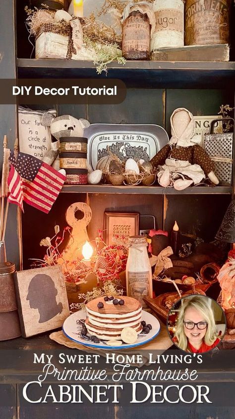 Primitive Cabinet Decorating Ideas #primitive #primitivedecor #primitivecountrydecorating #rustichomedecor Primitive Kitchen Ideas, Farmhouse Cabinet Decor, Cabinet Decorating Ideas, Primitive Decorating Ideas, Modern Primitive Decor, Primitive Kitchen Cabinets, Primitive Laundry Rooms, Primitive Cabinet, Primitive Home Decorating