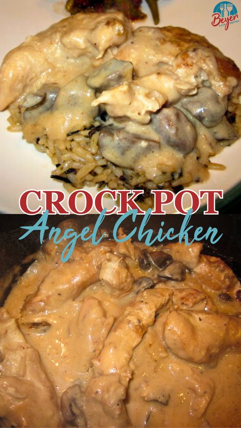 This crock pot angel chicken recipe taste complex but with simple ingredients and a few hours in the crock pot is all you need to a creamy chicken meal from your crock pot. Fill the crock pot with chicken breast, chicken thighs or chicken tenders along with cream cheese, Italian seasoning, white wine, cream of mushroom soup and mushrooms to have your family’s latest favorite crock pot recipe. #crockpot #chickenrecipes #angelchicken #creamcheese #slowcooker Crock Pot Angel Chicken Recipe, Cream Of Mushroom Soup Recipes Crockpot Crock Pot Chicken, Crockpot Chicken Cream Of Mushroom, Chicken Crockpot Recipes Easy Cream Of Mushroom, Slow Cooker Chicken With Cream Of Mushroom Soup, Crock Pot Chicken With Cream Of Mushroom, Crock Pot With Chicken, Angel Chicken Recipe, Chicken Italian Seasoning