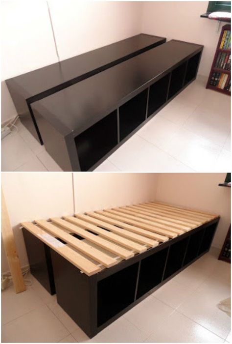 20 Cube Organizer DIY Ideas To De-clutter Your Whole House Cube Bookshelf Bed, Under Bed Storage Ideas Diy, Diy Cube Storage Bed, Underbed Storage Ideas Diy, Cube Storage Bed, Storage Cube Bed, Cube Shelf Ideas, Full Bed Frame Diy, Diy Cube Storage