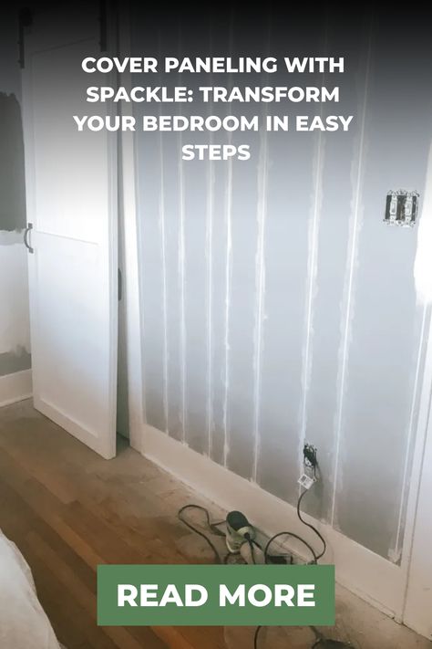 Covering paneling with spackle in a partially renovated bedroom. Update Old Paneling Walls Ideas, Painting Paneling Walls Before And After, Cover Wood Paneling, Den Makeover, Paneling Makeover, Tool Box Diy, Plank Walls, Teal Walls, Bathroom Doors