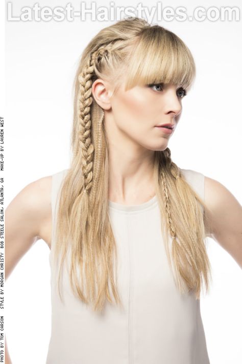 Long Hairstyle with Braids and Fringe Side Bob Steele, Hairstyles With Fringe, Medium Hair Braids, Braids Pictures, Viking Hair, Peinados Recogidos, Hair With Bangs, Fringe Hairstyles, Long Hair With Bangs