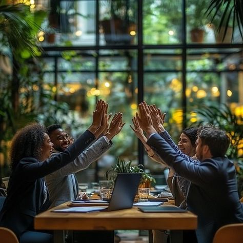 In a modern, well-lit office featuring lush greenery, a group of four professionals are seen celebrating their success. Each person, representing different ethnic backgrounds, joins hands for a high-five across the table cluttered with papers and a laptop, symbolizing teamwork and achievement. The backdrop of large windows fills the space with natural light, creating a cheerful and productive atmosphere. Team Leader Aesthetic, Happy Coworkers, Office Team Building, Vibrant Office, Leading A Team, Celebrate Success, Celebrating Success, Group Of Four, Team Meeting