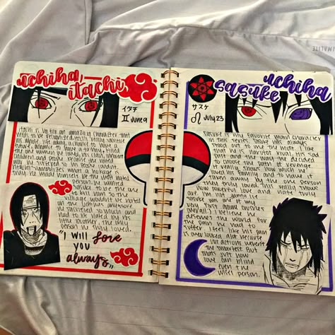 Anime Scetches Notebook, Anime Diary Ideas, Anime Journaling Ideas, Anime Journal Naruto, Naruto Journal Ideas, Anime Notebook Ideas, Naruto Characters Drawings, Naruto Journal, Anime Journal Spread Ideas