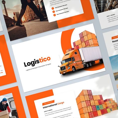 Logistico - Logistics and Transport Presentation PowerPoint Template Logistics Company Profile Design, Logistics Ads, Logistics Infographic, Logistics Design Creative, Logistics Design, Company Banner, Advertisement Layout, Transport Logistics, Ppt Template Design