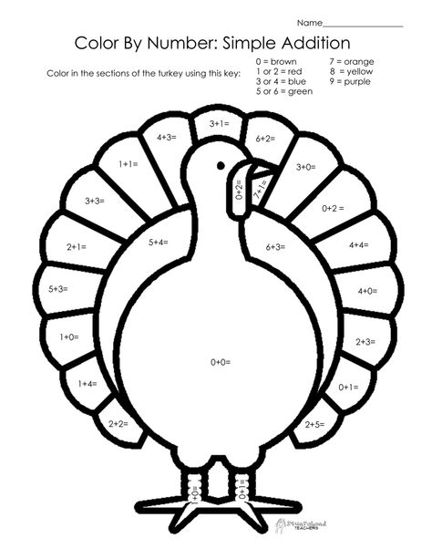 Thanksgiving Color by Number- simple addition Addition Coloring Worksheet, Thanksgiving Addition, Thanksgiving Math Worksheets, Turkey Math, Free Thanksgiving Coloring Pages, Thanksgiving Math Activities, Math Coloring Worksheets, Thanksgiving Worksheets, Turkey Coloring Pages