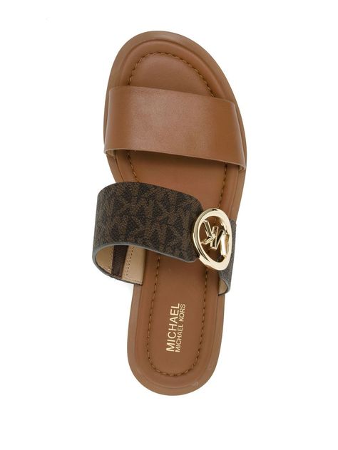 Summer monogram sandals from MICHAEL KORS featuring brown, leather, monogram pattern, gold-tone logo plaque, double-strap design, open toe, slip-on style and flat rubber sole. | Michael Kors Summer monogram sandals Strap Sandals Outfit, Louis Vuttion, Summer Monogram, Leather Monogram, Black Sandals Flat, Summer Sandals Flat, Womens Black Flats, Michael Kors Sandals, Fashion Capsule Wardrobe