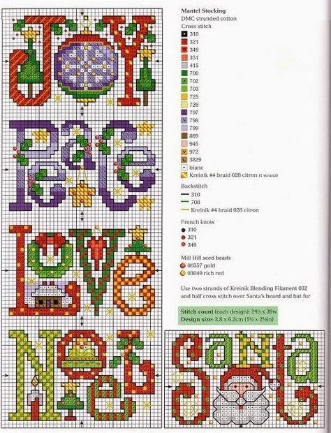 Schema punto croce love joy peace noel santa free Christmas Stitchery, Holiday Cross Stitch, Xmas Cross Stitch, Winter Cross Stitch, Cross Stitch Christmas Ornaments, Cross Stitch Love, Pola Kristik, Countdown To Christmas, Cross Stitch Alphabet