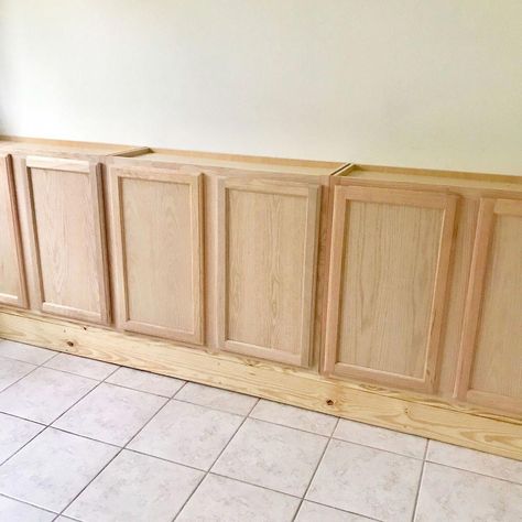 How to Build in Wall Cabinet Using Stock Kitchen Cabinets DIY #kitchenremodeldiy Basement Entry, In Wall Cabinet, Island Makeover, Unfinished Kitchen Cabinets, Stock Kitchen Cabinets, Upper Kitchen Cabinets, Kitchen Cabinets Diy, Stock Cabinets, Office Cabinet