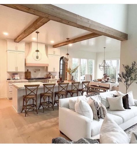 Wooden Beams Ceiling Kitchen, Ceiling Beam Between Kitchen And Living Room, Kitchen Ceiling Lower Than Living Room, Vaulted Ceiling Kitchen And Living Room, Boho Colonial, Medium Wood Kitchen, Open Plan Kitchen Dining Living Layout, Farm Houseplans Interior, Kitchen Beams