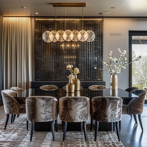 Black And Gold Dining Room, Gold Dining Room, Gold Dining, Luxury Dining Room, Luxury Dining, Roaring 20s, Tangerang, Florida Home, Dining Table Chairs