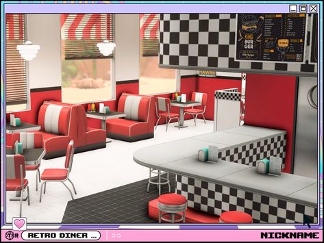 Sims 4 Diner Uniform, Sims 4 Diner Cc, Sims 4 Diner, Give Me A Nickname, Glass Dining Room Sets, Diner Booth, 1950s Diner, Diner Sign, Cc Patreon