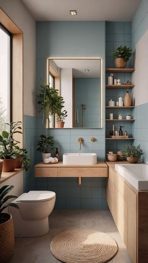 Small Bathroom Ideas Neutral Color, Colourful Modern Bathroom, Aqua Panels Bathroom, Small Bathroom Rental, Small Bathroom Colour Schemes, Pastel Blue Bathroom, Turquoise Bathroom Ideas, Blue Bathroom Remodel, Blue Tiled Bathroom